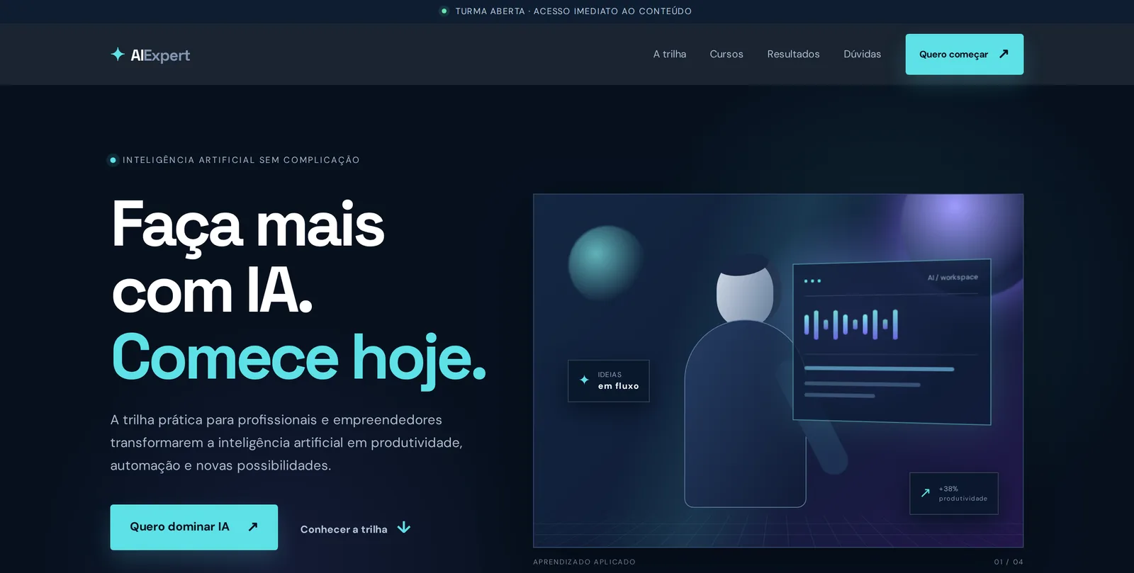 Primeira dobra de um site publicado, feito no Code Quick: página de um curso de IA com o título "Faça mais com IA. Comece hoje."