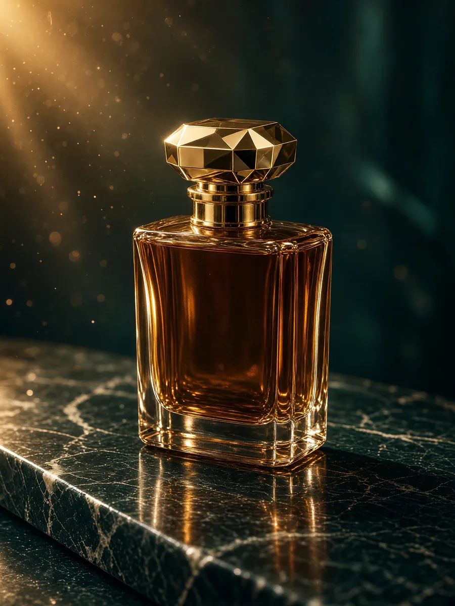 Imagem base: frasco de perfume âmbar com tampa dourada sobre mármore verde-escuro
